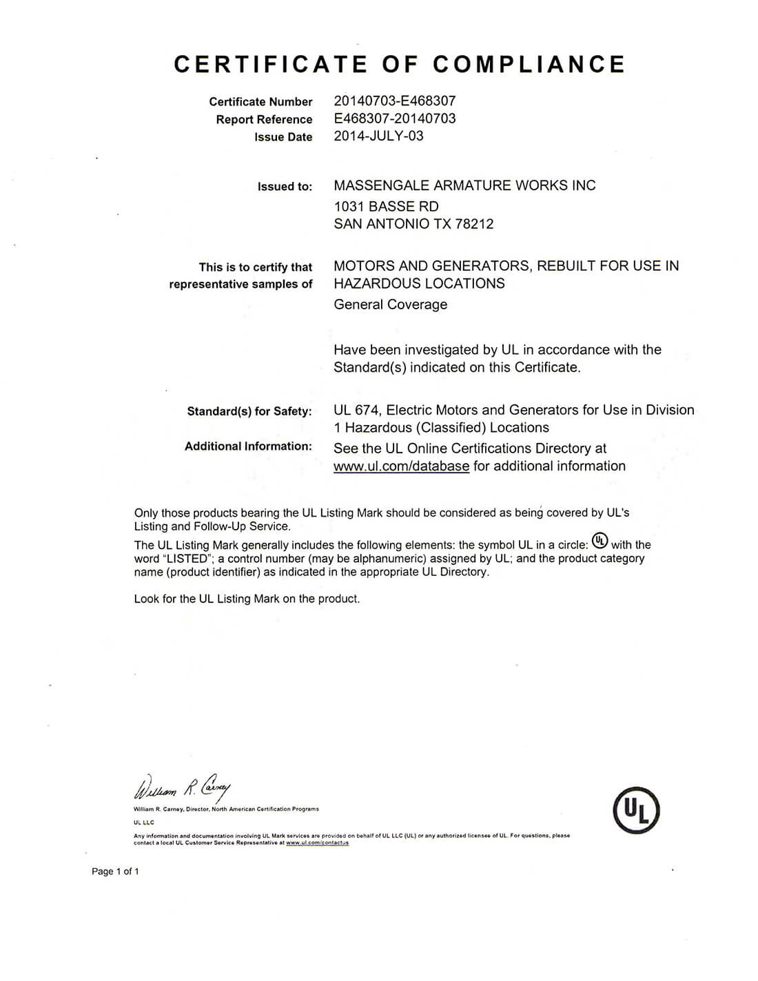 UL Certificate of compliance
