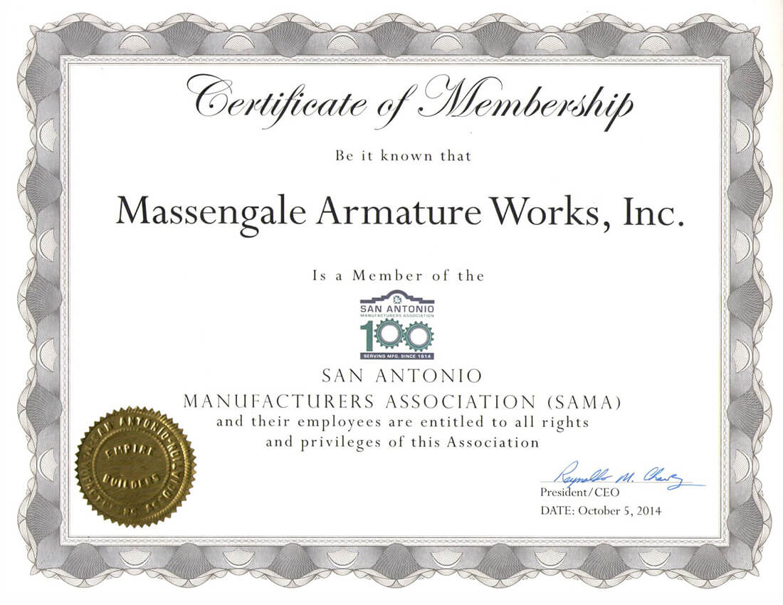 San Antonio Manufacturers Association Certificate